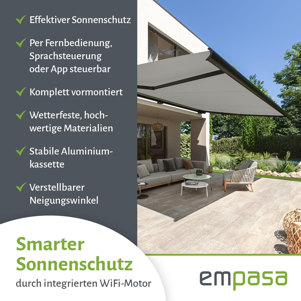 empasa elektrische Vollkassettenmarkise Profi Plus mit WiFi-Motor Smart Home kompatibel Terrassenüberdachung Markise Kassettenmarkise, Kassette in anthrazit, Größe:2 x 1.5 m, Farbe:hellgrau