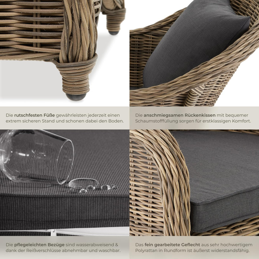 tectake® Alu Polyrattan Gartenstuhl 2er Set, Gartenmöbel Set mit 2 Sessel, wetterfest, Rattan Gartensessel mit weichen Sitzpolster, abziehbarer und waschbarer Bezug, stabil und bodenschonend - Natur