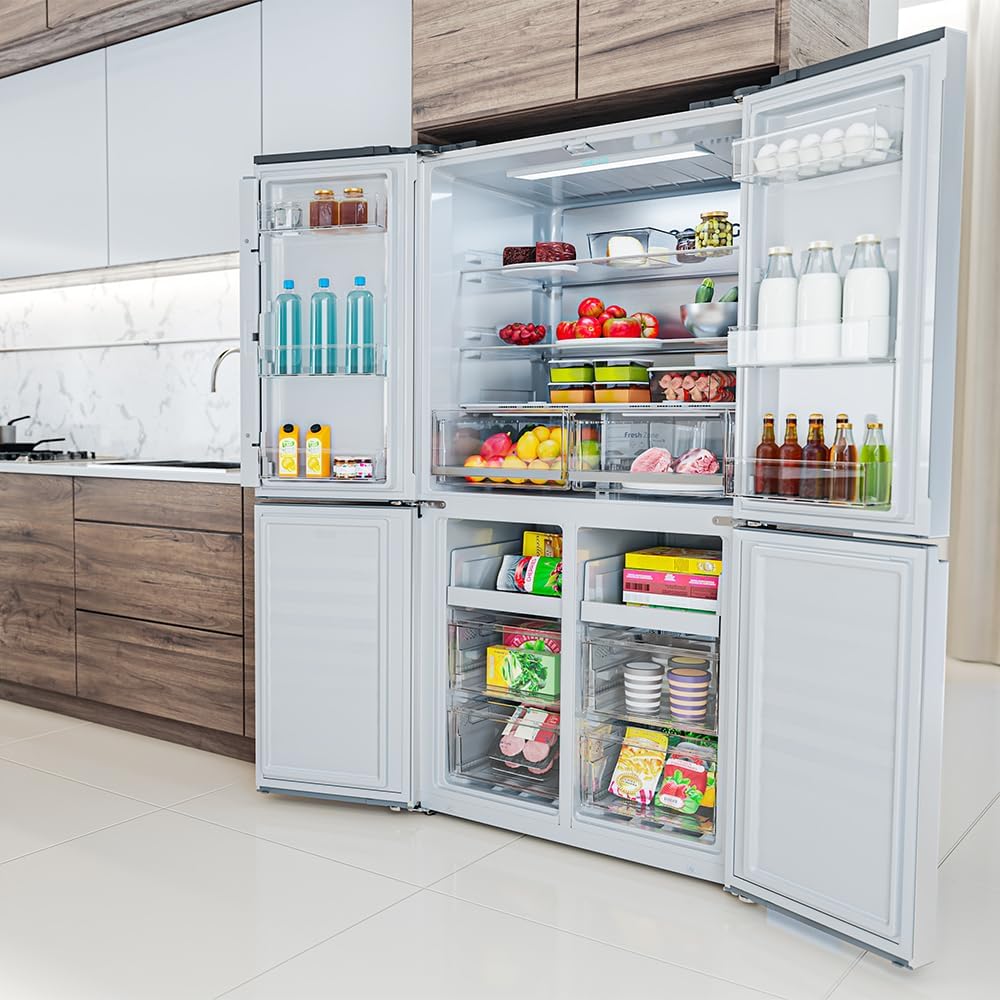 Cecotec Side-by-Side Kühl-Gefrierkombination 4 Türen Bolero CoolMarket 4D 601 Black Glass E. 601L, Inverter-Motor, 90cm, No Frost, ECO, Schnellkühlung, Display, Temperaturalarm, Elegantes Design, Glas