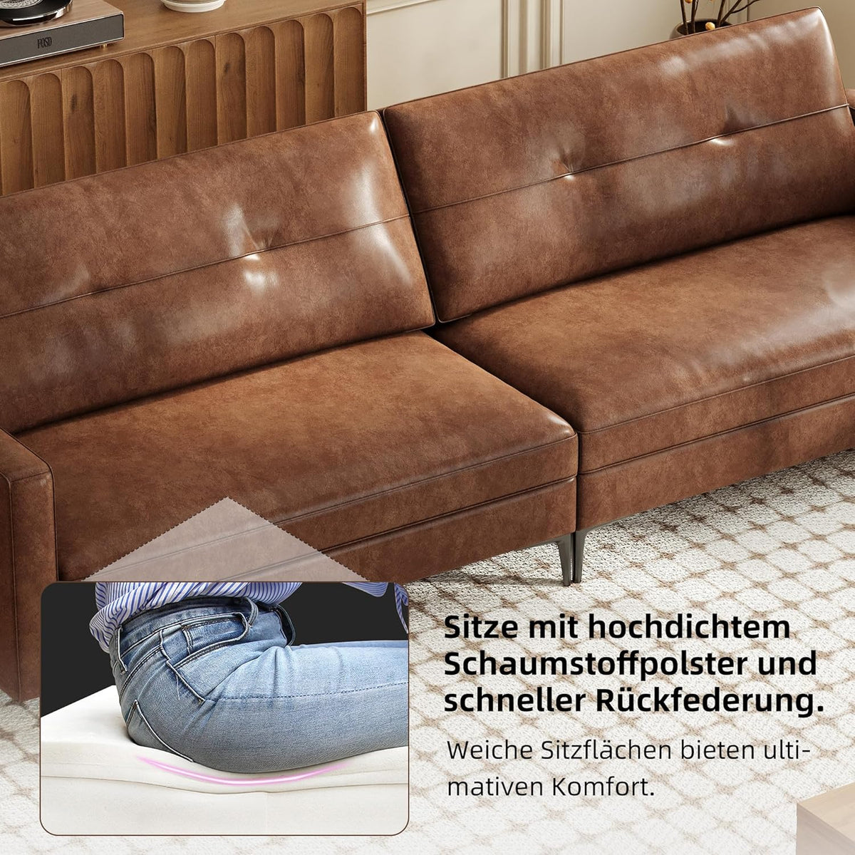3-Sitzer Sofa in Vintage Lederoptik – Kompaktes Kunstleder Sofa mit Knopfheftung, Metallfüßen & Geraden Armlehnen, Braun – Retro Couch für Wohnzimmer, Büro oder kleine Wohnung (220cm Streifendesign)