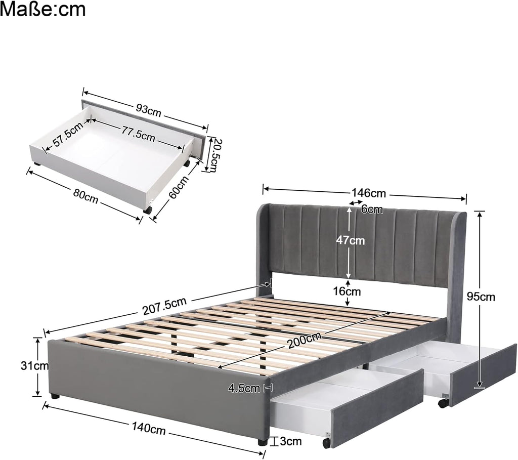Polsterbett Doppelbett 140x200 cm, Bett mit 2 Stauraum Schubladen und Lattenrost aus Holz, Stauraumbett Bettgestell mit Metallrahmen, Samt, Grau (Ohne Matratze)