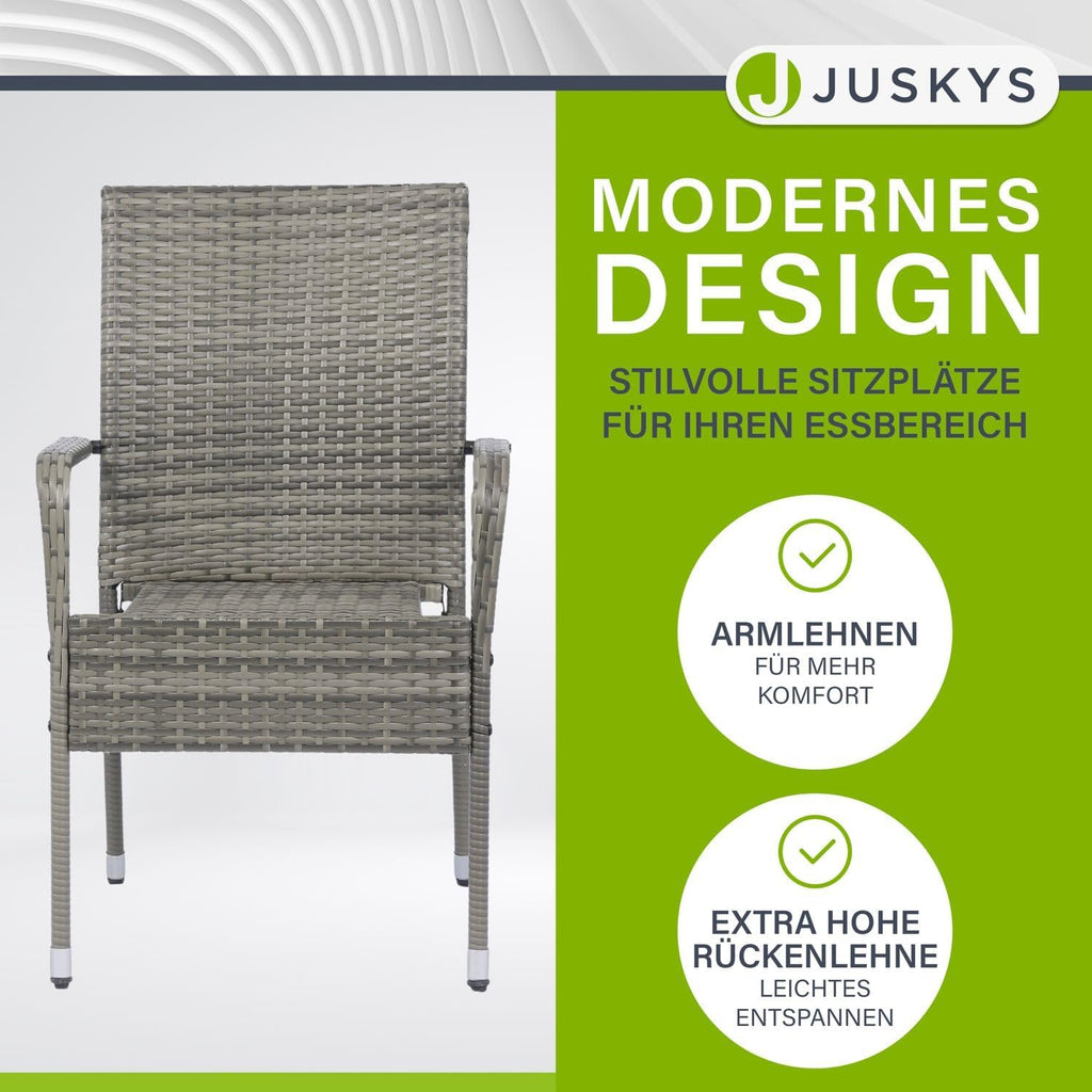 Juskys Polyrattan Gartenstühle Yoro 6er Set - mit Armlehnen & Rückenlehne 6 Stühle stapelbar - Rattan Stuhl Garten - Stapelstuhl Grau-meliert