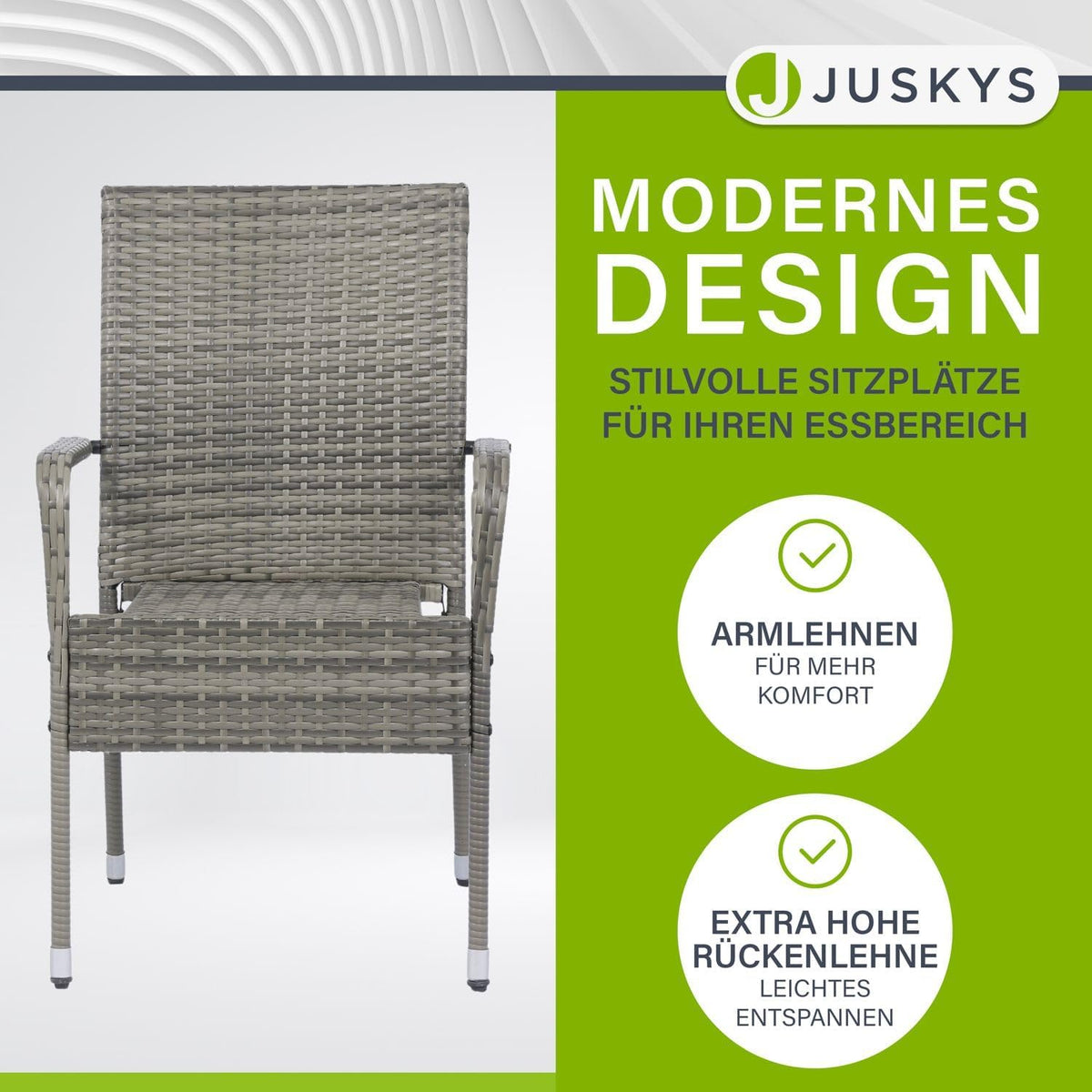 Juskys Polyrattan Gartenstühle Yoro 6er Set - mit Armlehnen & Rückenlehne 6 Stühle stapelbar - Rattan Stuhl Garten - Stapelstuhl Grau-meliert