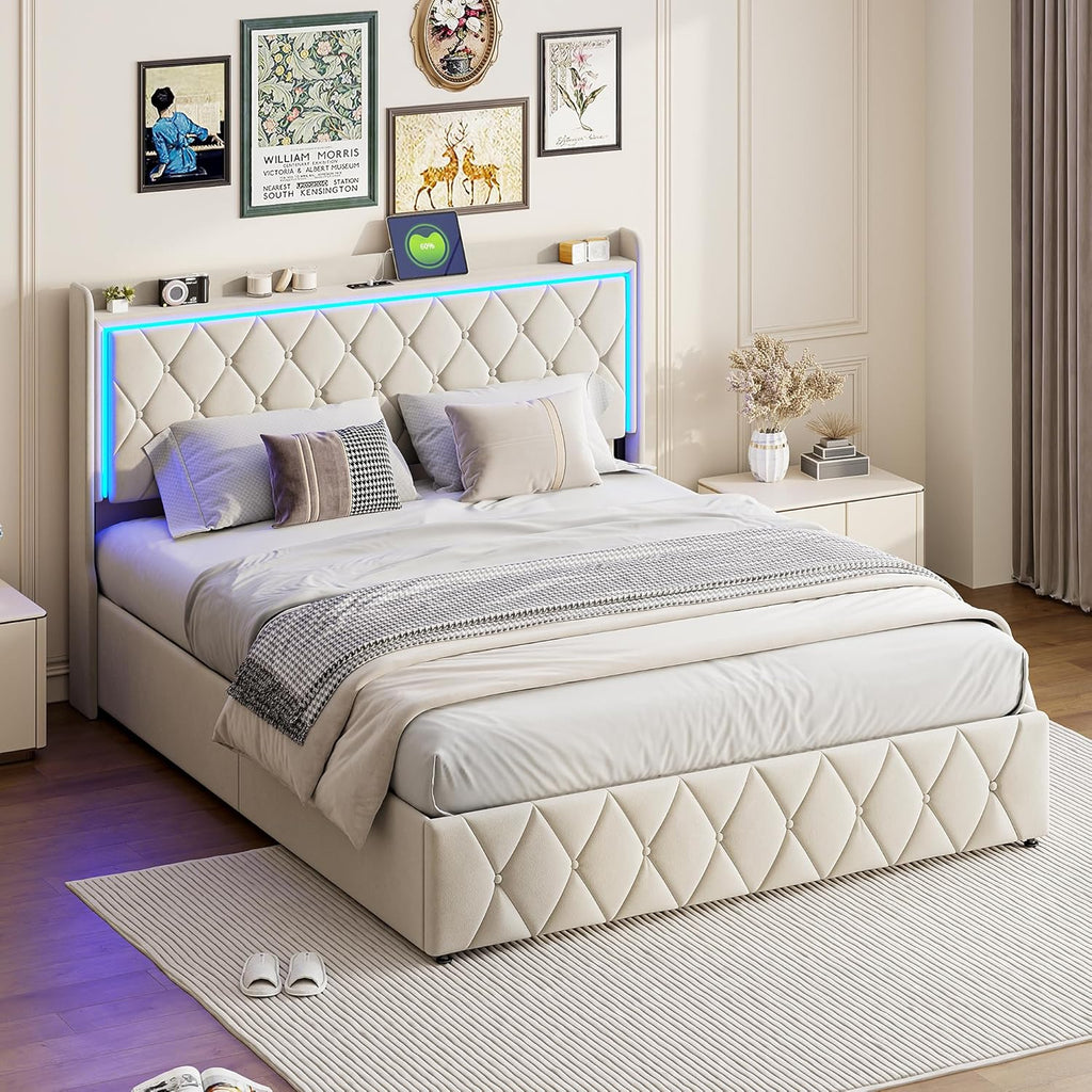 Bett 140x200 mit stauraum, Polsterbett mit LED-Kopfteil, Doppelbett mit USB und Lattenrost, Hydraulischem Stauraum und Metallrahmen, Jugendbett, Bettgestell, Boxspringbett, Samt Beige, Ohne Matratze