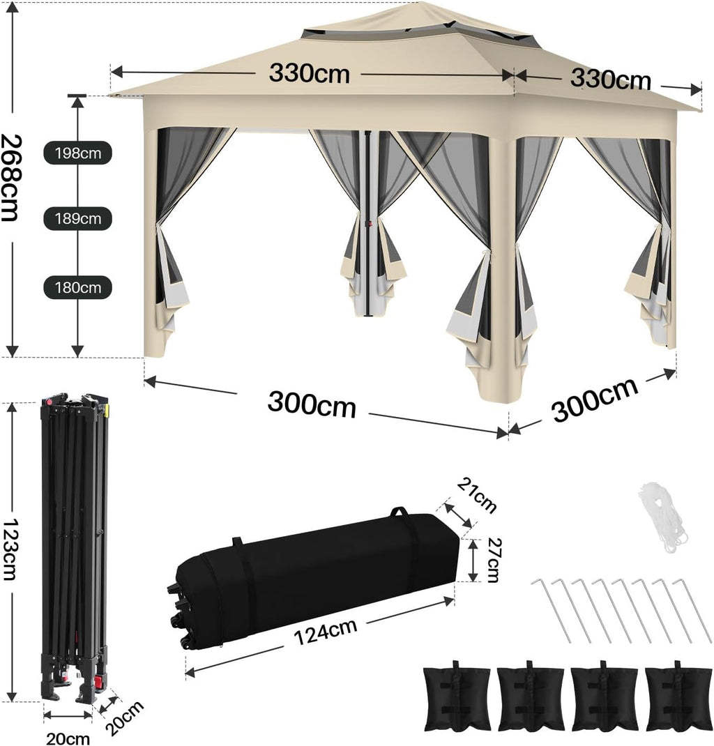 Gartenpavillon 3x3m Wasserdicht UV-beständig, Pavillon mit 4 Seitenteilen, Höhenverstellbar, Stabil Partyzelt mit Sandsäcken & Tragetasche mit Rädern für Garten Party Camping, Beige