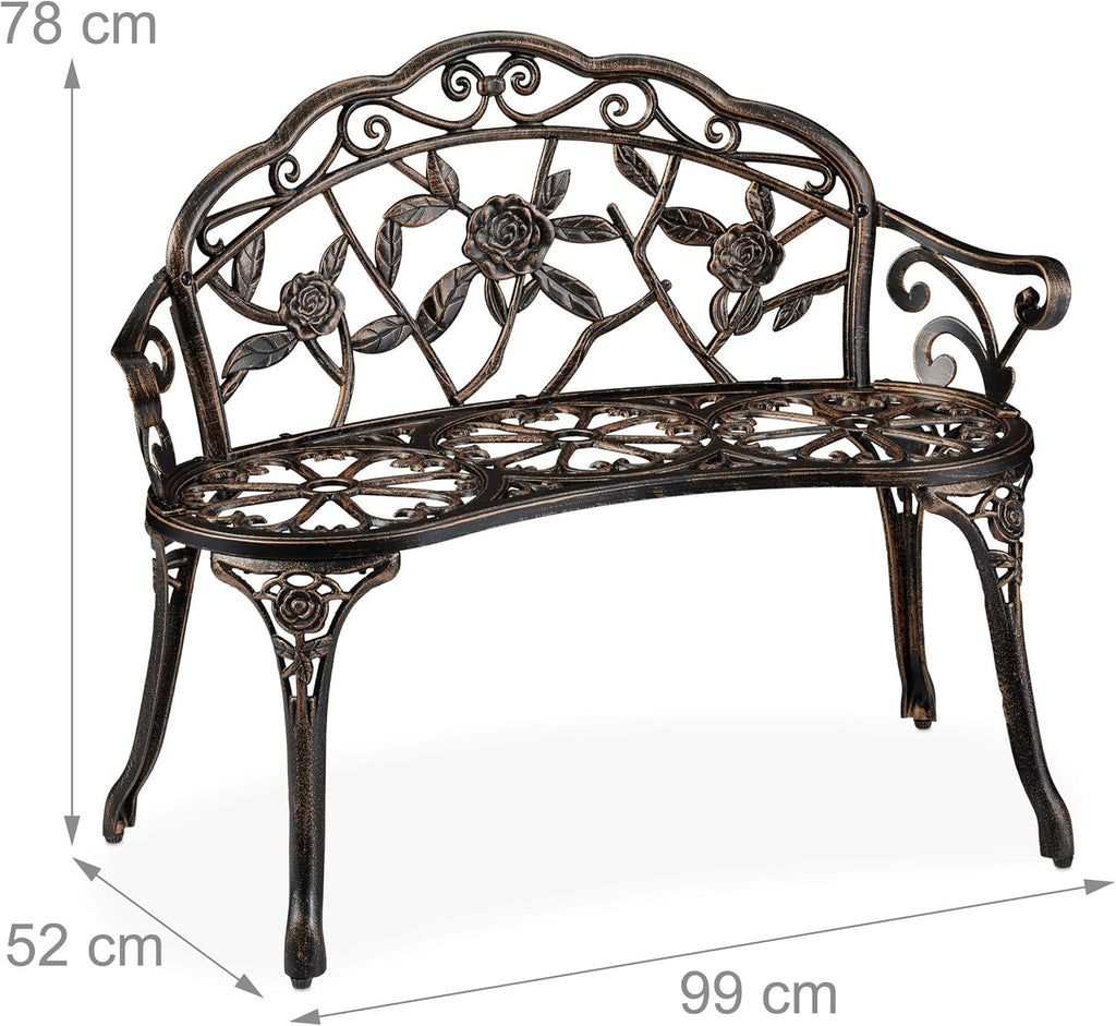 Relaxdays Gartenbank, 2 Sitzer, Rosen, Terrasse, Balkon, Alu & Gusseisen, antike Sitzbank, HBT: 78 x 99 x 52 cm, Bronze