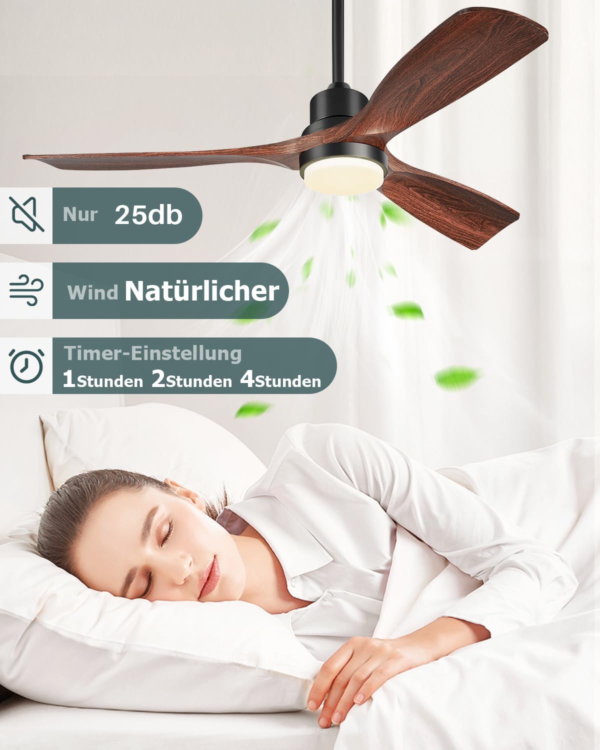 Deckenventilator mit Beleuchtung und Fernbedienung, Leise DC Motor, 132 cm/52 Zoll, 3 Holz Flügeln, Timer, 6 Geschwindigkeiten, ETL-gelistet, Sommer Winterbetrieb für Schlafzimmer