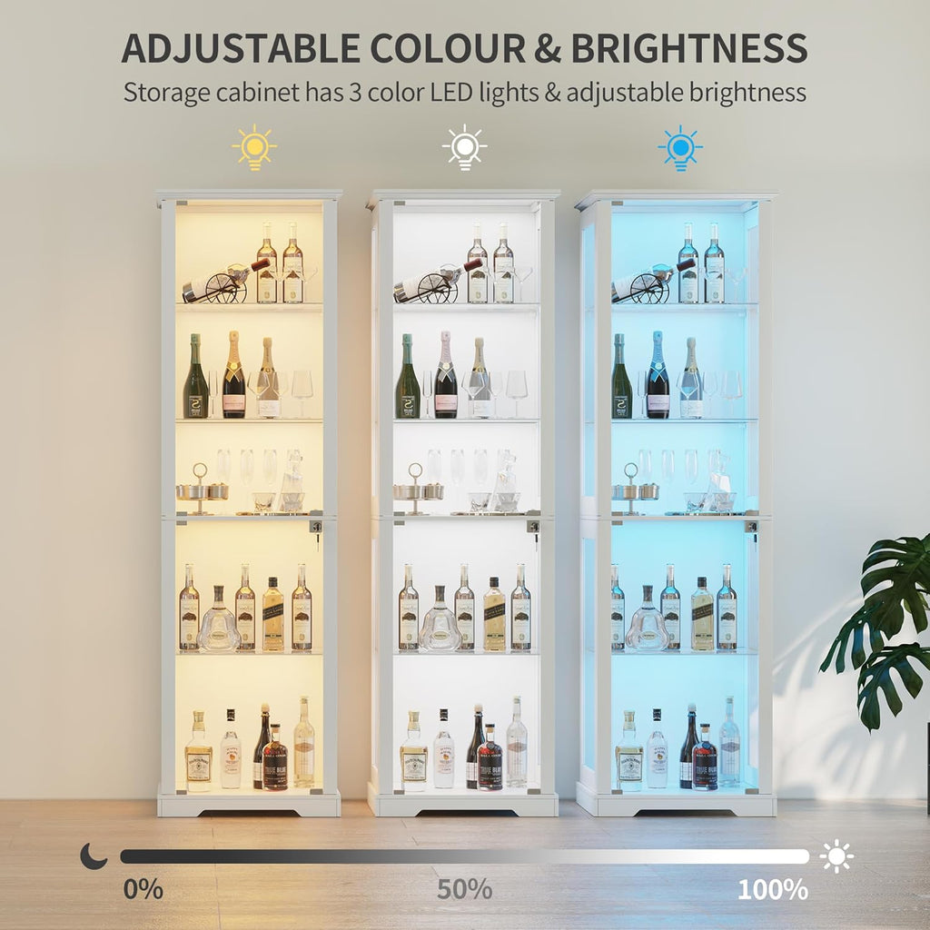 Lvifur Glasvitrine mit LED Beleuchtung und Glastüren für Wohnzimmer Schlafzimmer,40×50×180cm 5-Lagen Vitrinenschrank Vitrine mit Intelligente Sensorik für Sammlerstücke,Wein,Weiß