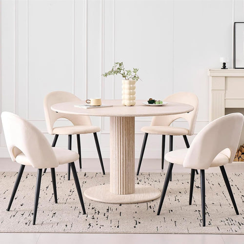 115cm Runder Esstisch mit 4 Esstischstühlen, Küchentisch aus MDF (Travertin-Maserung) und 4 Stühle für Küche, Esszimmer, Wohnzimmer und Büro (Beige)