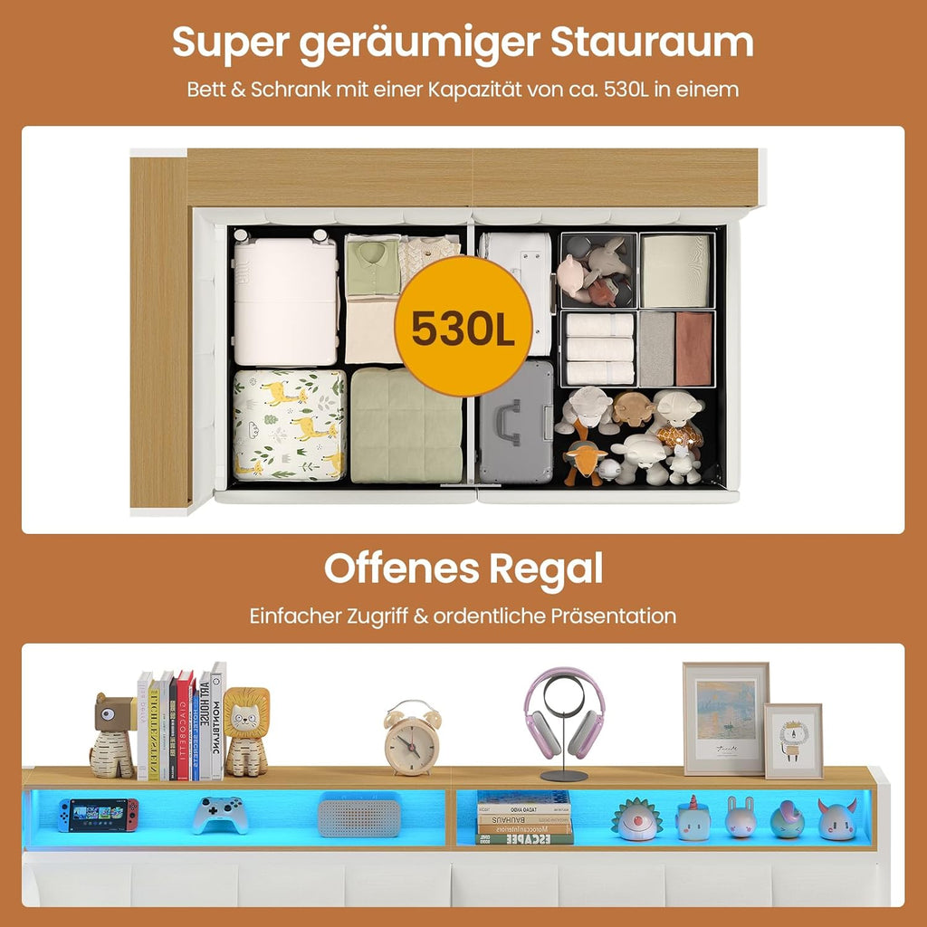 DICTAC Jugendbett 90x200 mit Stauraum, LED & Ladestation | Polsterbett mit hydraulischem Stauraum, zweistöckiges Ablagefach | Tagesbett Einzelbett in weiß– für Kinder, Jugendliche & Erwachsene