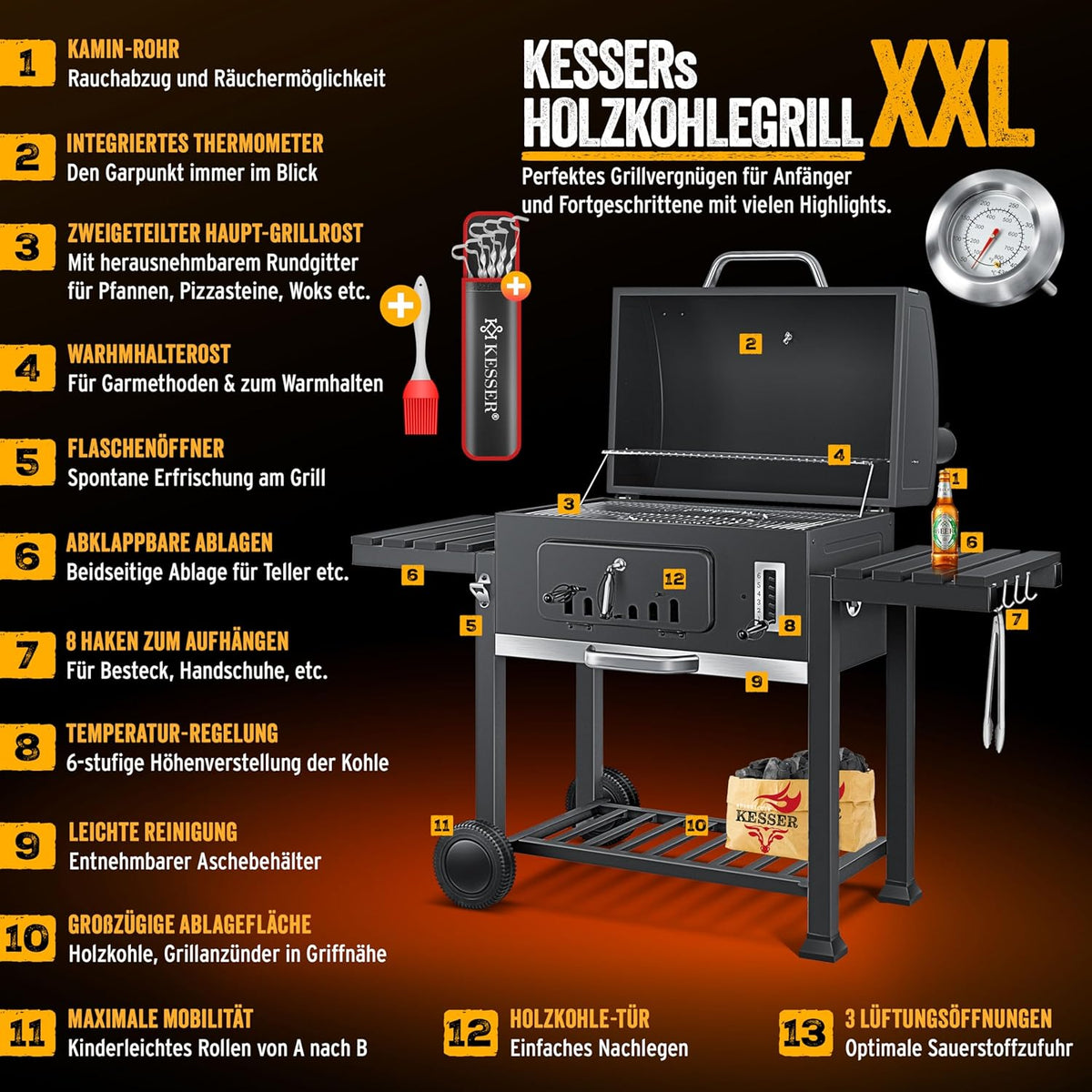 KESSER® Grill Grillwagen BBQ Smoker XXL Holzkohlegrill mit Deckel, Rädern, Edelstahl-Griff, Grillrost und Thermometer, 8 Spieße mit Tasche & Silikon-Pinsel, Standgrill, Kohlegrillwagen