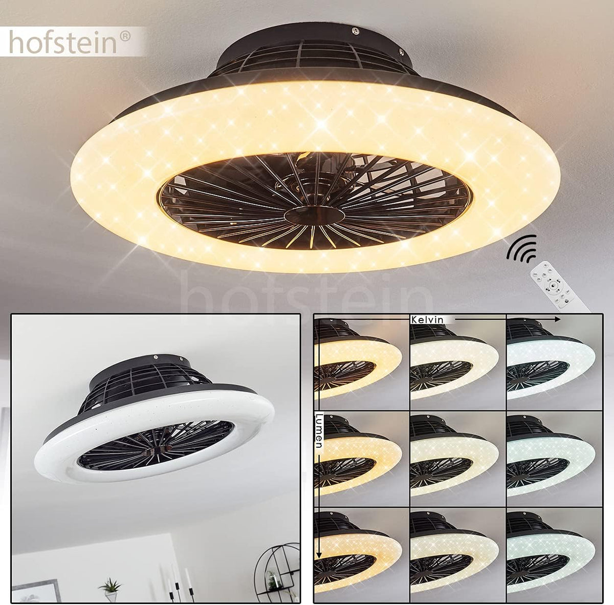 LED Deckenventilator Piraeus, Deckenlampe mit Ventilator aus Metall und Kunststoff in Schwarz und Weiß, über Fernbedienung dimmbar, Timer und Nachtlicht, 30 Watt, 2200 Lumen, 3000-6500 Kelvin