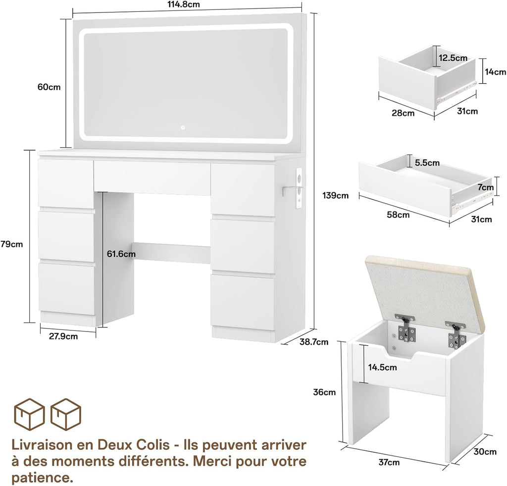 Schminktisch Groß mit Spiegel und LED Beleuchtung 115cm,Farbtemperatur Einstellbar, 7 Schubladen Schminktisch mit Steckdose Dressing Table mit Hocker,115x40x139cm,Weiß