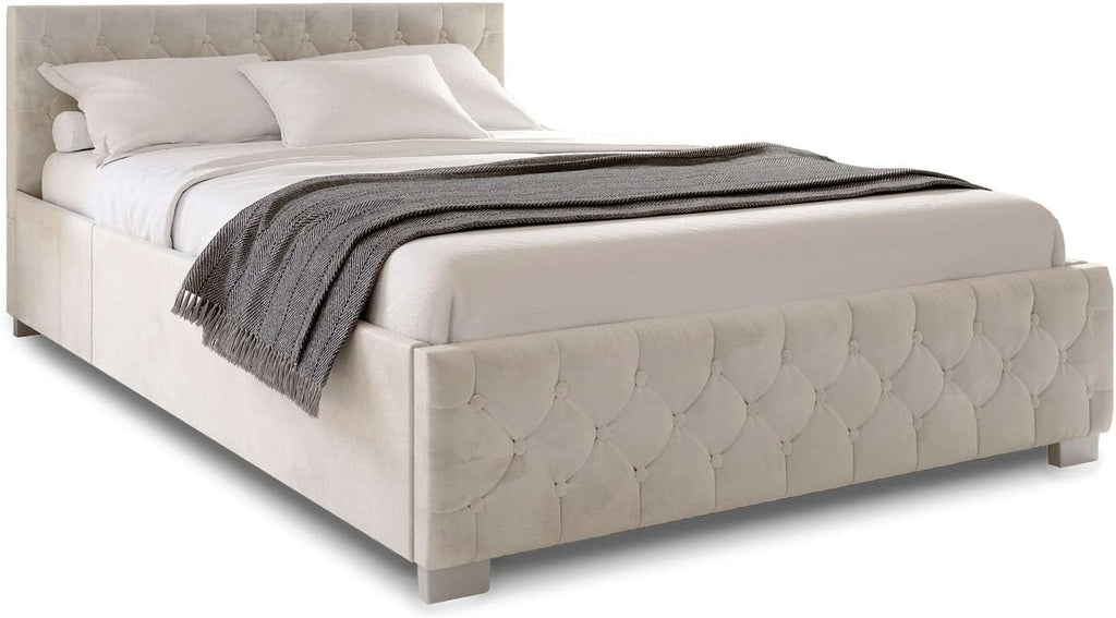 Juskys Polsterbett Nizza 140x200 cm Samt mit Stauraum, LED Beleuchtung & Lattenrost - Chesterfield Steppung & Kopfteil - Bett Bettgestell - Beige
