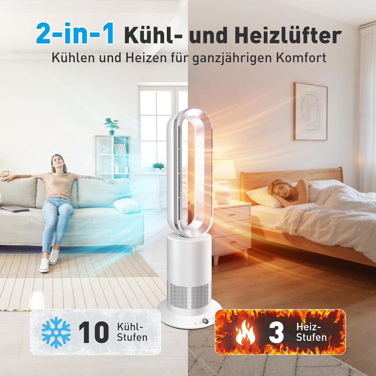 TP09Plus 2-in-1 Turmventilator - 10 Kühl- & 3 Heizstufen, Fernbedienung & LED Touch-Bedienung, Leiser für den Heimgebrauch