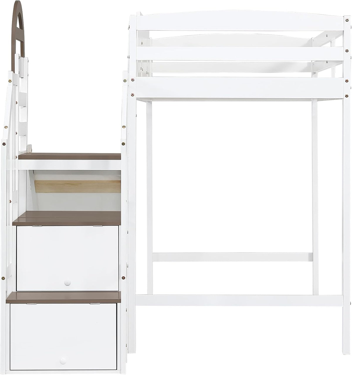 Etagenbett 90x200 cm, Kinderbett Mit Rutsche, Stauraumbett mit 2 Schließfächer in der Treppe, Mit Offenes Regal, mit Fenster, Rausfallschutz Geländer, Kiefer, Weiß+Braun (Ohne Matratze)