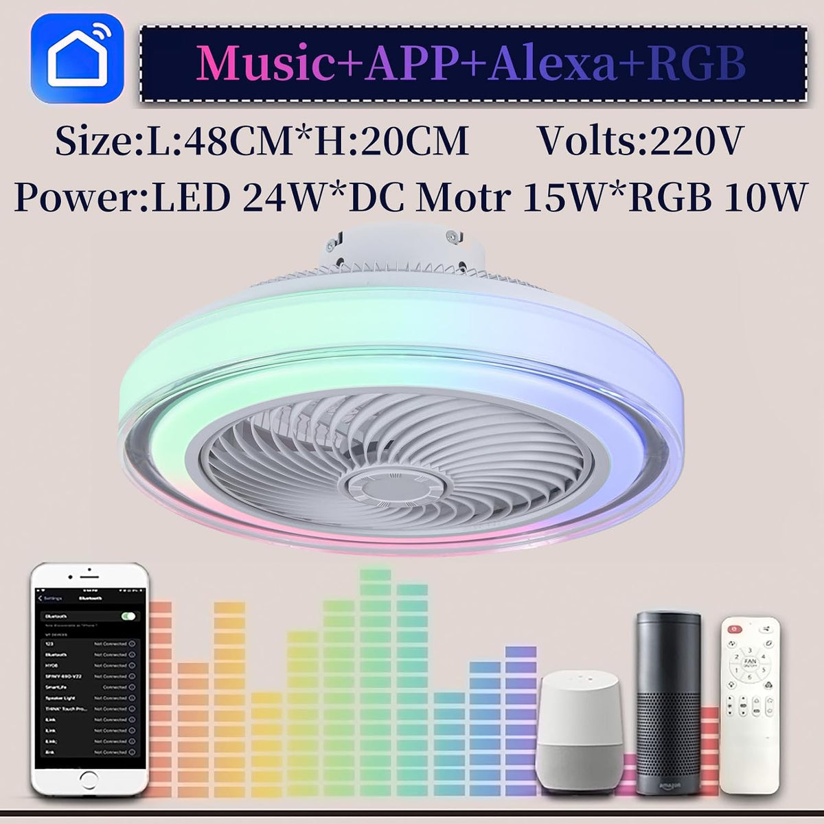 LED RGB Modern Fan Lampe Mit Ventilator Und Alexa 6 Windgeschwindigkeiten Bluetooth-Musiklautsprecher Deckenventilator Mit Beleuchtung Und Fernbedienung Für Wohnzimmer Und Kinderzimmer