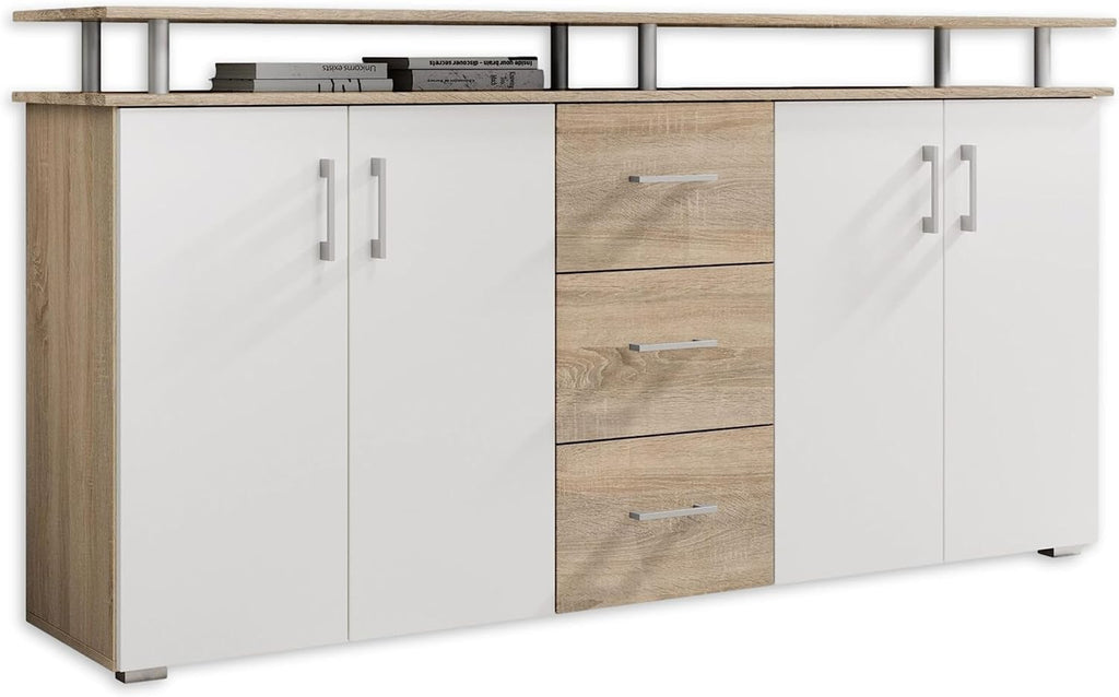 Stella Trading Highboard mit Ablage in Eiche Sonoma Optik, Weiß - Moderner Wohnzimmerschrank mit Schubladen und viel Stauraum für Ihren Wohnbereich - 178 x 90 x 38 cm (B/H/T)