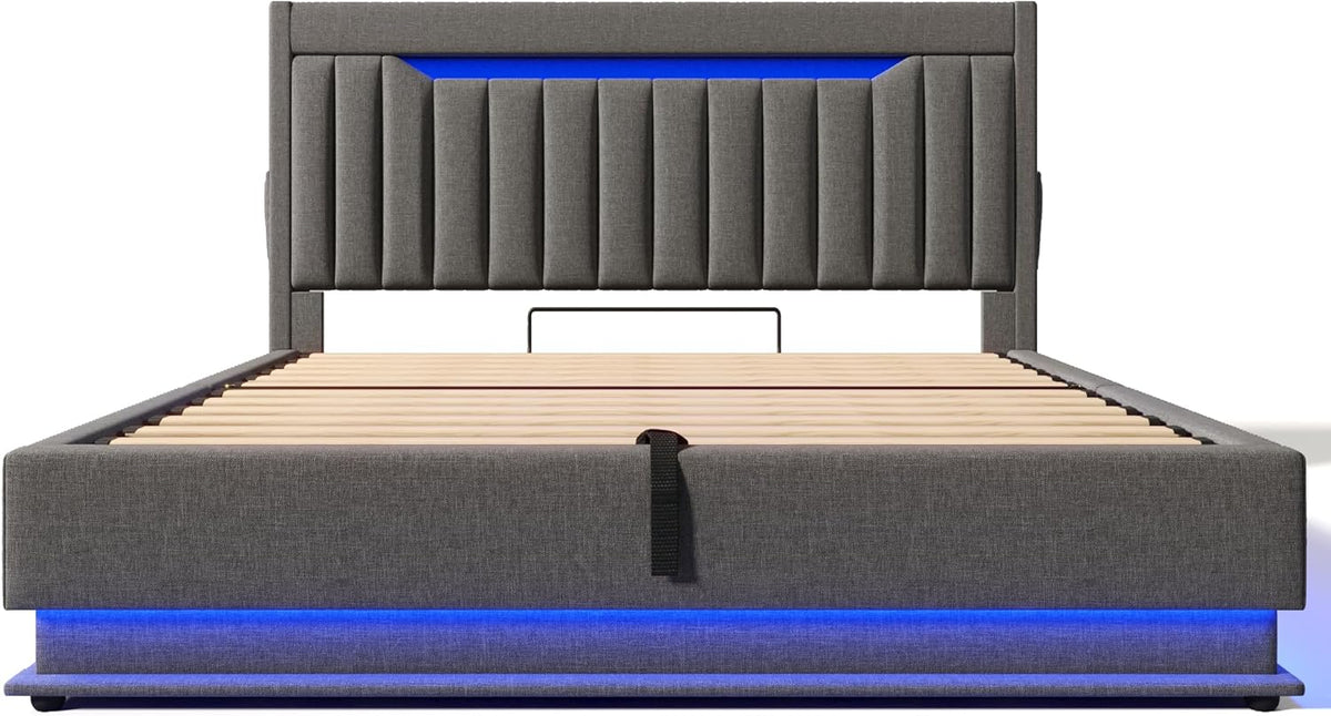 Polsterbett 140x200 cm, Stauraum-Kopfteil mit USB- und Typ-C Ladefunktion, Doppelbett mit Hydraulischem Stauraum, Bettgeltell mit LED und Lattenrost, Leinen, Grau, ohne Matratze