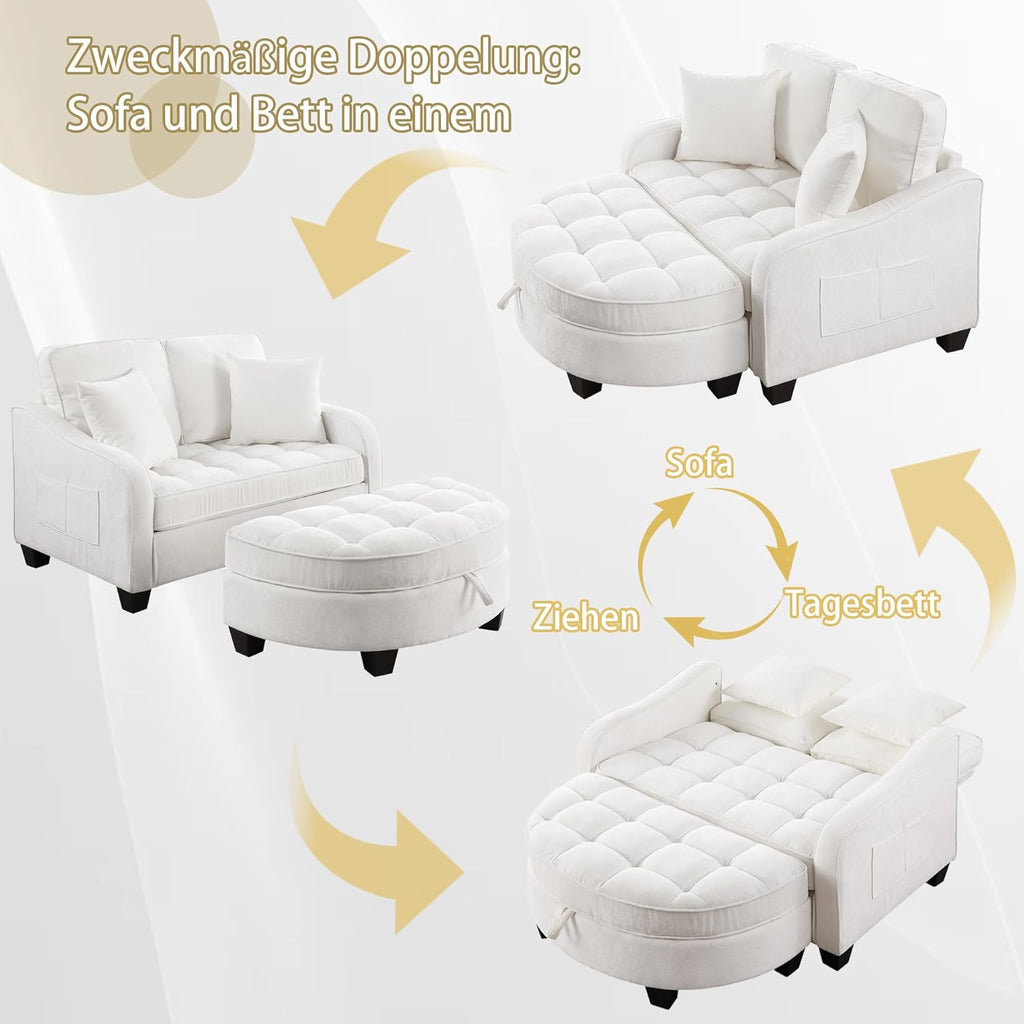 Sofa mit Schlaffunktion, 2-in-1 Schlafsofa, Modulares Sofa, Aufbewahrungs-Hocker & 4 Kisse, für Kleine Wohnzimmer, Studienzimmer, Schlafzimmer, 132×129×93cm (Beige)