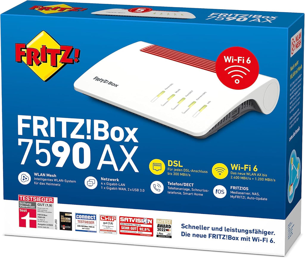 AVM Fritz!Box 7590 AX (Wi-Fi 6 DSL-Router mit 2.400 MBit/s (5GHz) & 1.200 MBit/s (2,4 GHz),bis zu 300 MBit/s mit VDSL-Supervectoring 35b,WLAN Mesh,DECT-Basis,deutschsprachige Version)
