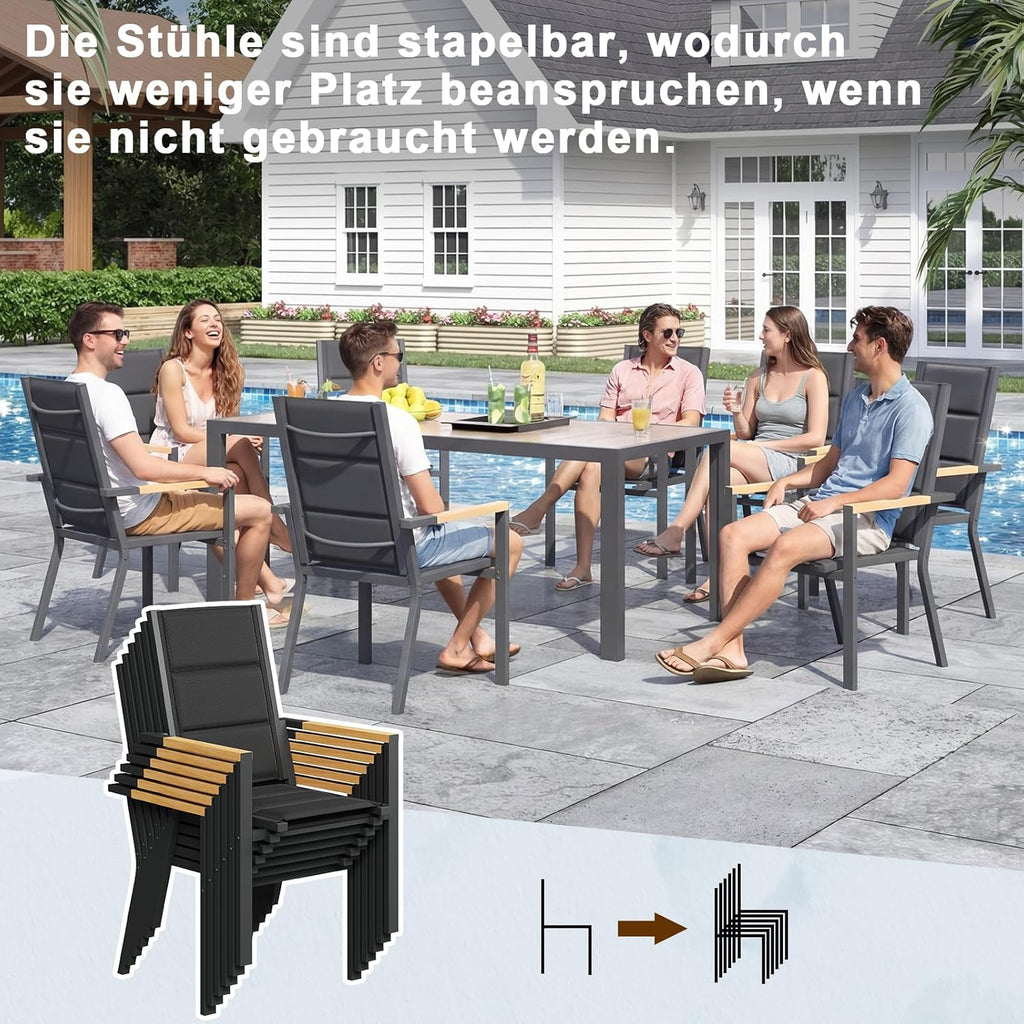 JUMMICO Gartenmöbel Set Terrassen Set Aluminium Gestell mit Holzoptik PS Tischplatte Komfortabler Hochlehner Einfach Montiert,8 Personen Set