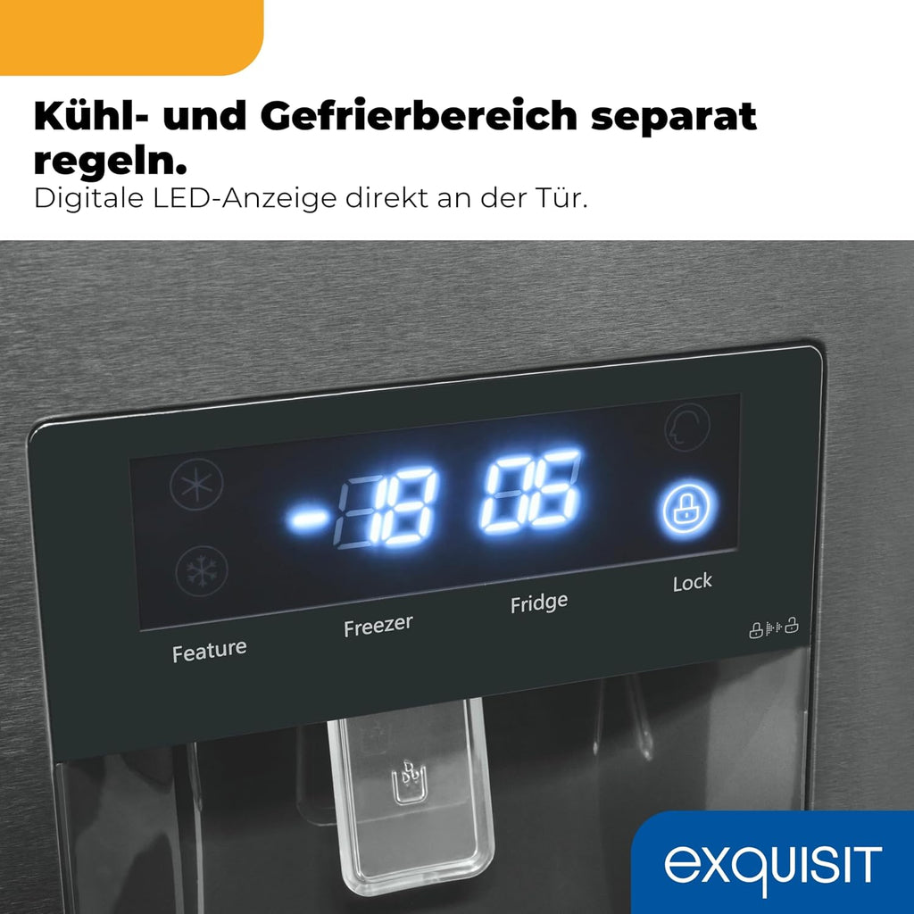 Exquisit Frenchdoor Kühl-Gefrierkombination | 506 l Nutzinhalt, Energieklasse E, 41 dB, No Frost Kühlen & Gefrieren, Schnellgefrieren, Wasserspender, LED, Elektronik | FD5490-160-WS-200E inoxlook-az