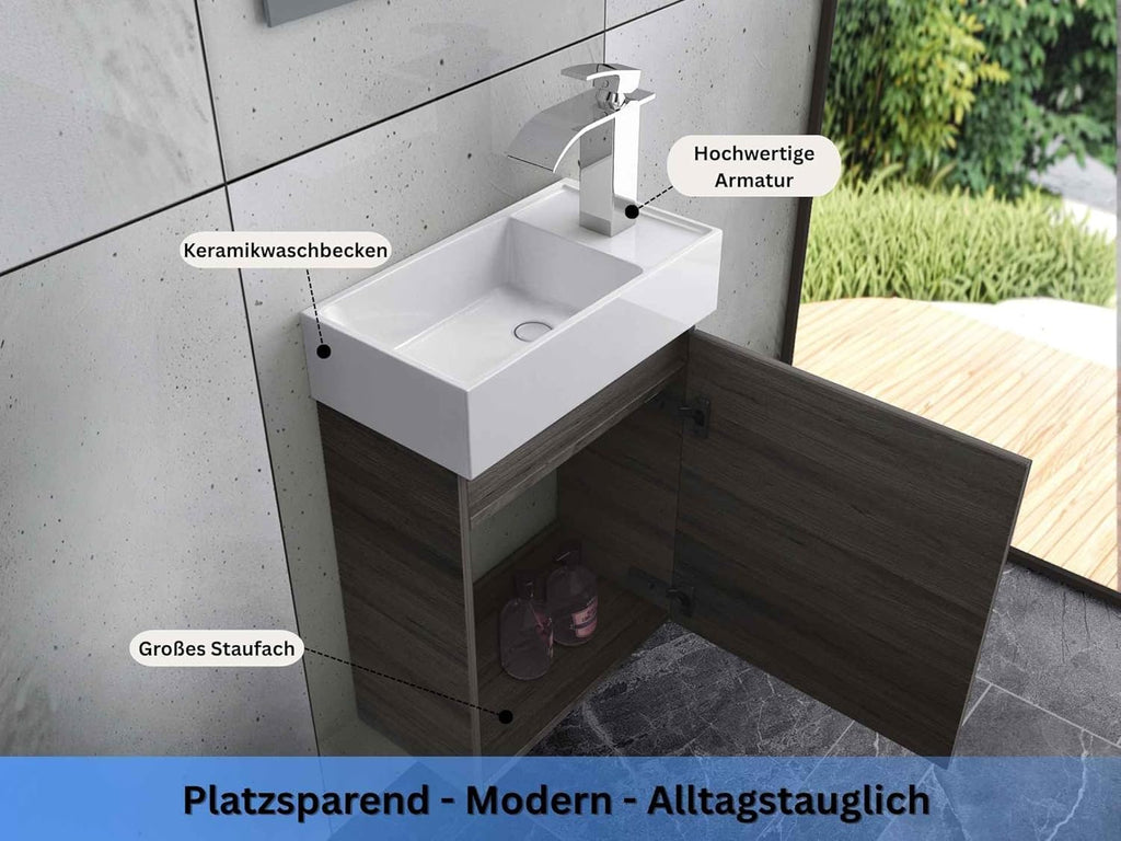 Faizee Home Badmöbel Set Grau – Waschbeckenunterschrank mit Keramik Waschbecken & Armatur – Kompakter Badezimmerschrank Badschrank ohne Spiegel für Gäste WC & kleine Bäder