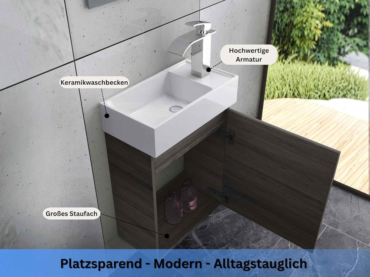 Faizee Home Badmöbel Set Grau – Waschbeckenunterschrank mit Keramik Waschbecken & Armatur – Kompakter Badezimmerschrank Badschrank ohne Spiegel für Gäste WC & kleine Bäder