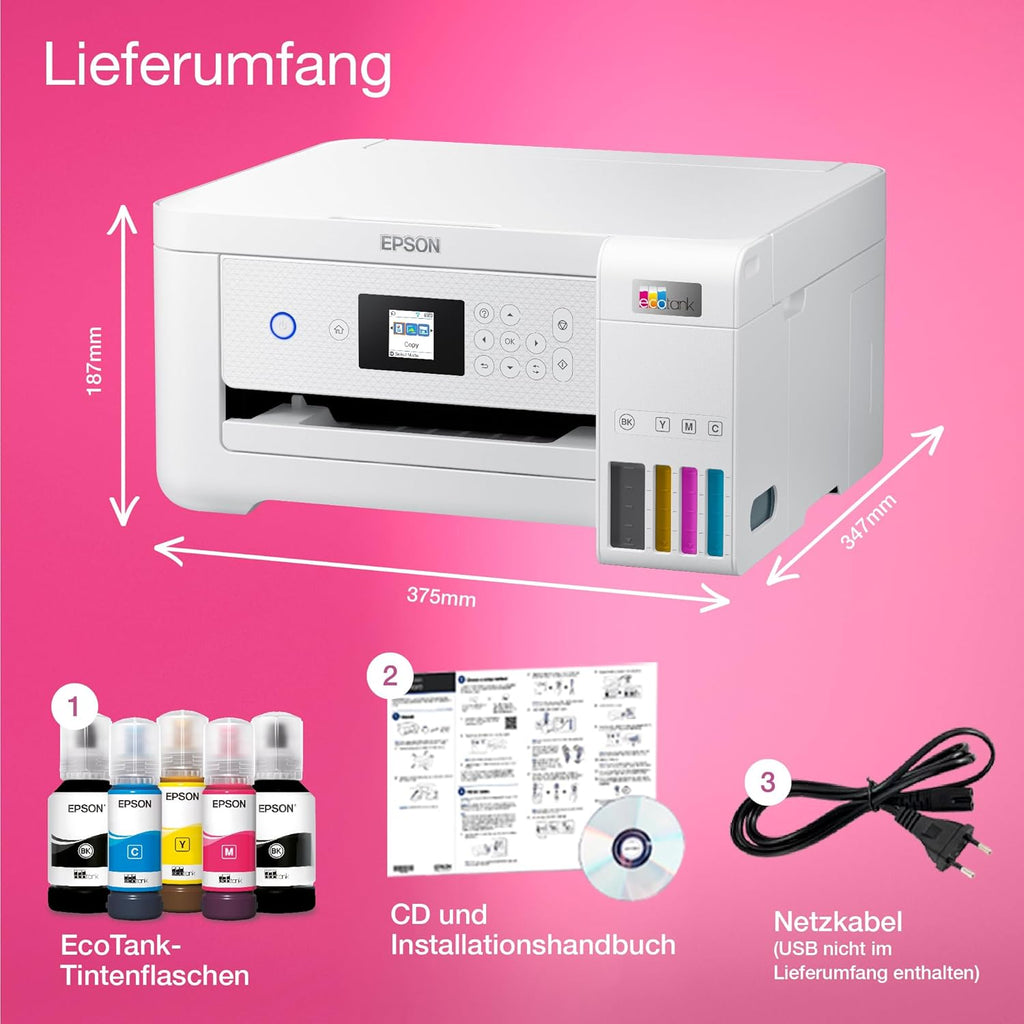 Epson EcoTank ET-2826 A4-Multifunktions-Wi-Fi-Tintentankdrucker, mit einem im Lieferumfang enthaltenen Vorrat an Tinten bis zu 3 Jahren