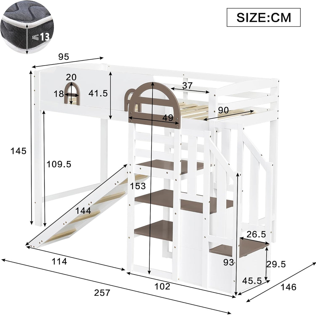 Etagenbett 90x200 cm, Kinderbett Mit Rutsche, Stauraumbett mit 2 Schließfächer in der Treppe, Mit Offenes Regal, mit Fenster, Rausfallschutz Geländer, Kiefer, Weiß+Braun (Ohne Matratze)