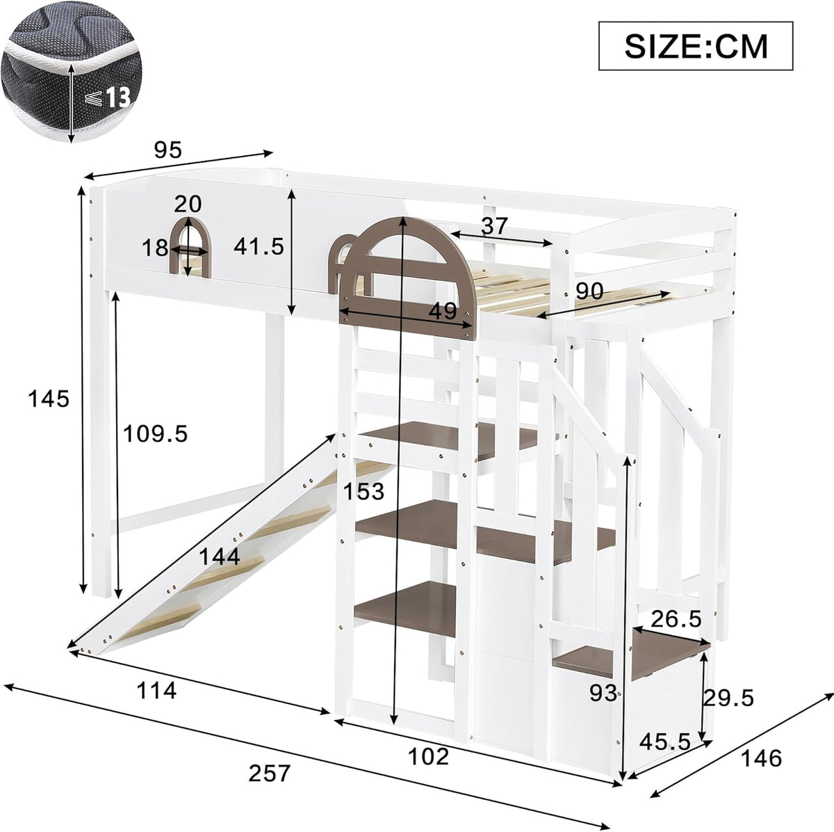 Etagenbett 90x200 cm, Kinderbett Mit Rutsche, Stauraumbett mit 2 Schließfächer in der Treppe, Mit Offenes Regal, mit Fenster, Rausfallschutz Geländer, Kiefer, Weiß+Braun (Ohne Matratze)