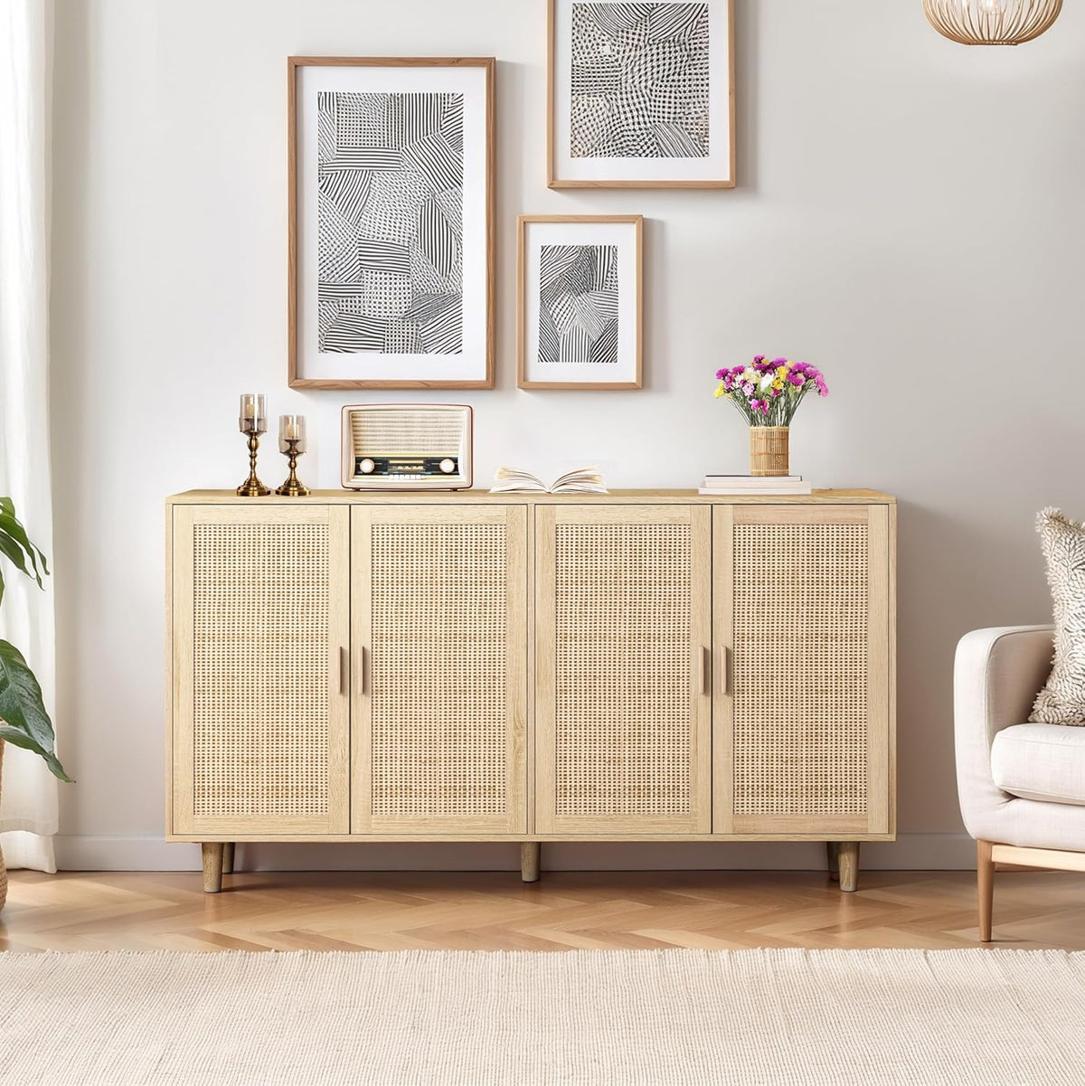 Sideboard mit verstellbaren Ablagen, Modernen Kommode mit 4 Türen, Rattan TV-Tisch mit viel Stauraum für Esszimmer, Wohnzimmer & Schlafzimmer, 158x40x88cm, Easy Assembly Holzfarbe (Holzfarbe)