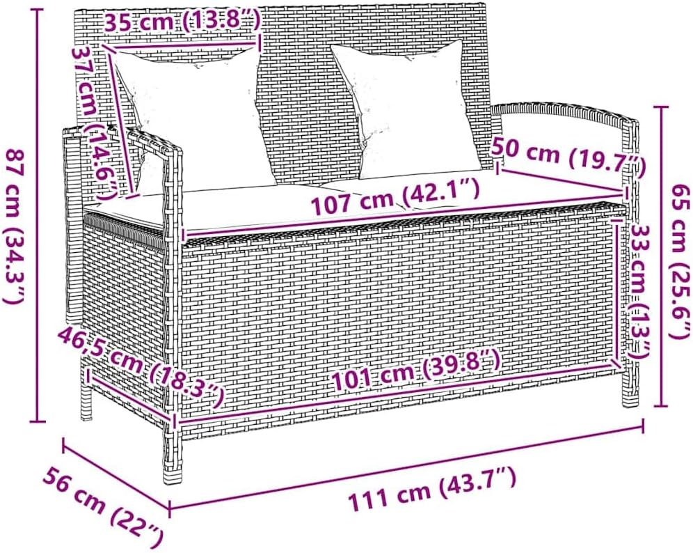 vidaXL Gartenbank mit Stauraum und Kissen Schwarz Poly Rattan, Gartenbank, Parkbank, Outdoor-Bank, Sitzbank, Terrassenbank, Außenbank, Gartenmöbel