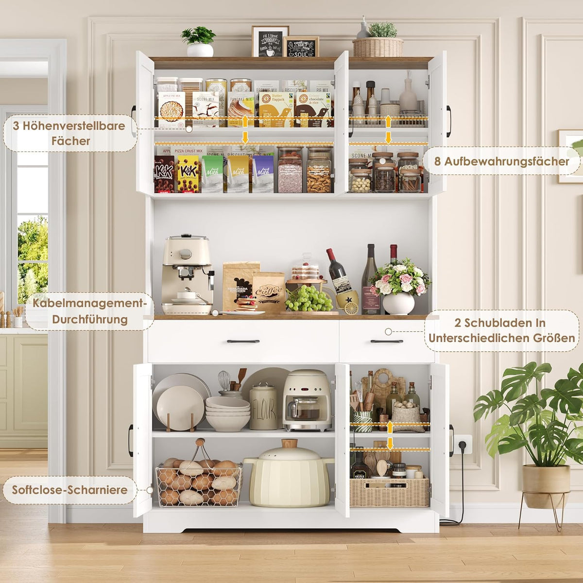 HOCSOK Küchenschrank 105x180 cm (BxH), Buffetschrank Weiß, Sideboard mit Steckdosen, Verstellbare Einlegeböden, Arbeitsplatten und 2 Schubladen, Vorratsschrank für Küche, Wohnzimmer, Esszimmer