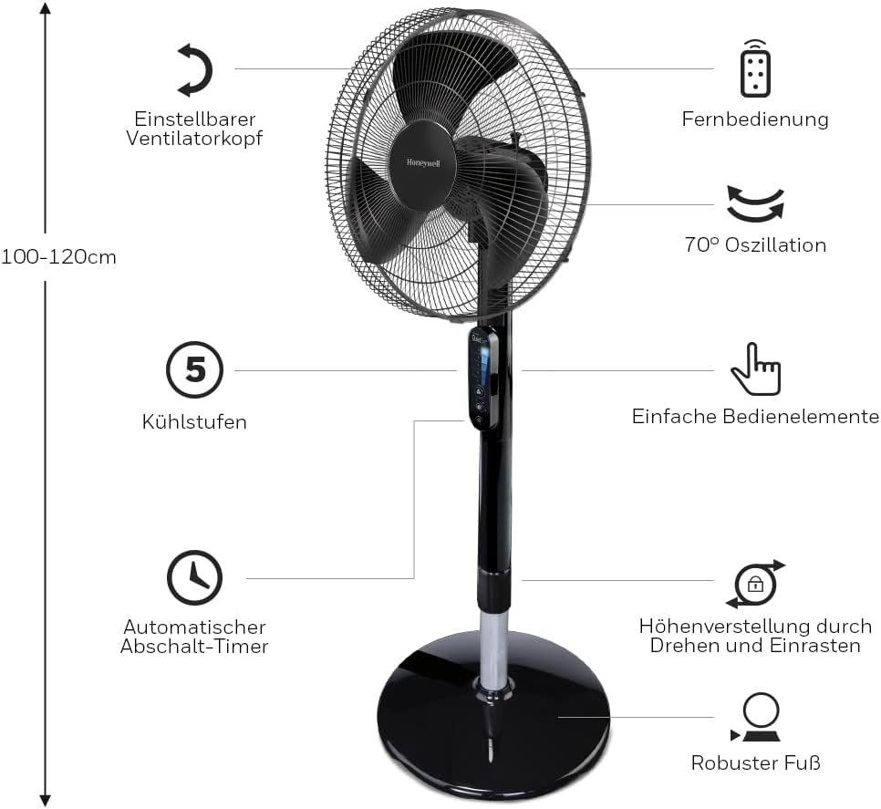 Honeywell Advanced QuietSet Oszillierender Standventilator (5 Geschwindigkeitseinstellungen, Timer-Funktion, Oszillation 70°, Höhenverstellung, Fernbedienung, Einfach zu benutzen) HSF600B