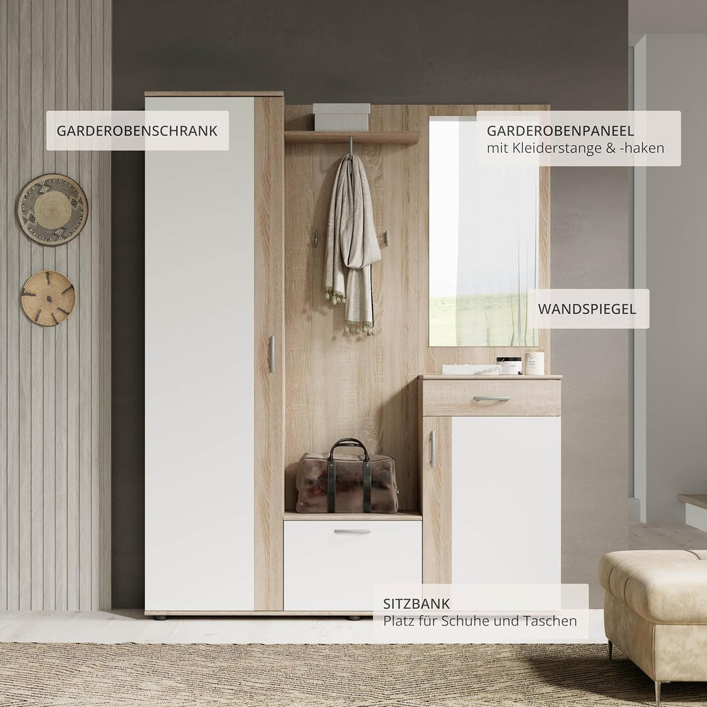 Stella Trading PATENT Flurgarderoben Set in Sonoma Eiche Optik, Weiß - Stylishe Kompaktgarderobe mit Spiegel für Ihren Eingangsbereich - 145 x 184 x 29 cm (B/H/T), Braun