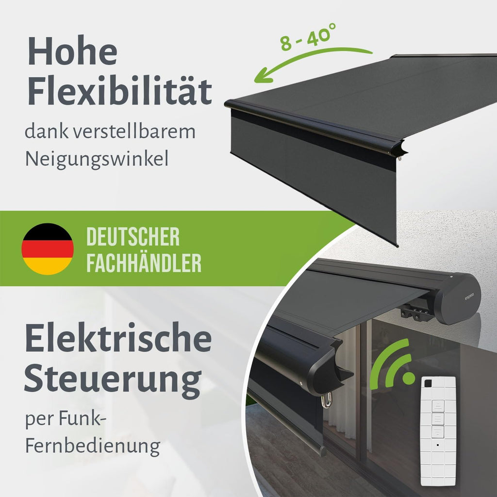 empasa Elektrische Vollkassettenmarkise 'Premium' Kassettenmarkise Gelenkarmmarkise Markise Sonnenschutz mit manuell ausfahrbarem Volant, komplett vormontiert, Farbe:anthrazit, Größe:4 x 3 m