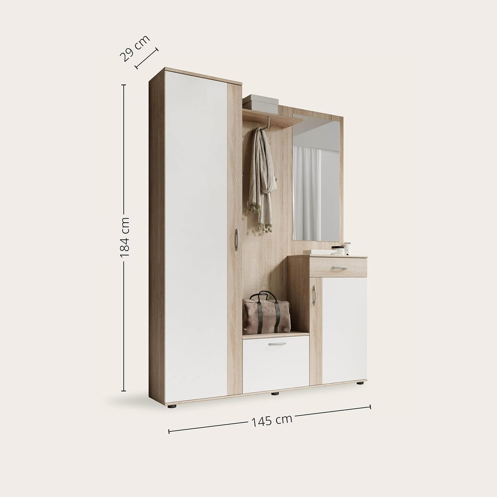 Stella Trading PATENT Flurgarderoben Set in Sonoma Eiche Optik, Weiß - Stylishe Kompaktgarderobe mit Spiegel für Ihren Eingangsbereich - 145 x 184 x 29 cm (B/H/T), Braun