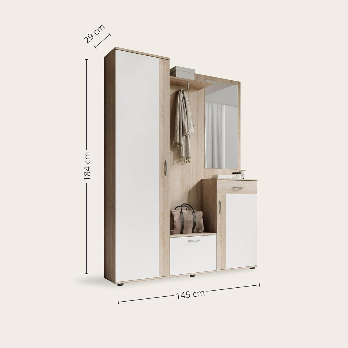 Stella Trading PATENT Flurgarderoben Set in Sonoma Eiche Optik, Weiß - Stylishe Kompaktgarderobe mit Spiegel für Ihren Eingangsbereich - 145 x 184 x 29 cm (B/H/T), Braun