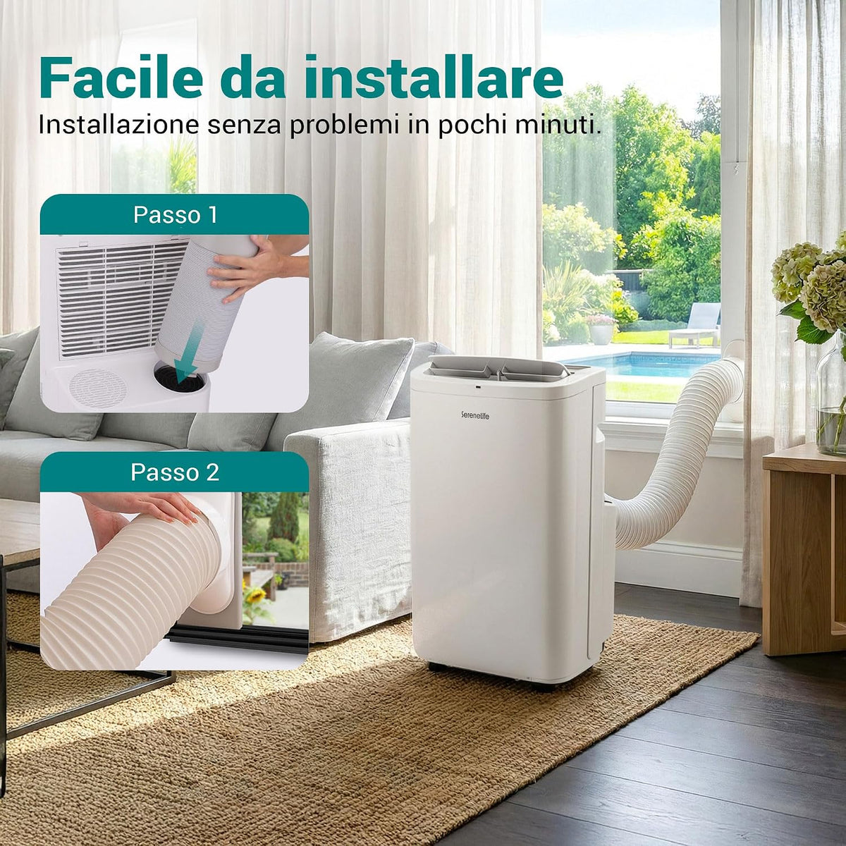 SereneLife Mobile Klimaanlage 4,1 kW 13000 BTU – Kleine Klimaanlage für Zimmer bis 105 m² Leise 52 dB Klimagerät fürs Schlafzimmer mit WLAN Entfeuchter, Lüfter, Fernbedienung