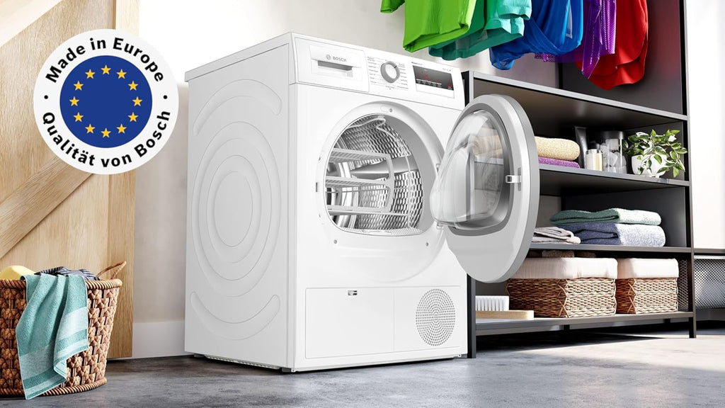 Bosch WTH85VWIN Serie 4 Wärmepumpentrockner für 8 kg Wäsche, 236 kWh pro Jahr, Auto Dry, Anti Vibration-Design, Sensitive Drying-System, Umweltfreundliches Kühlmittel, Weiß