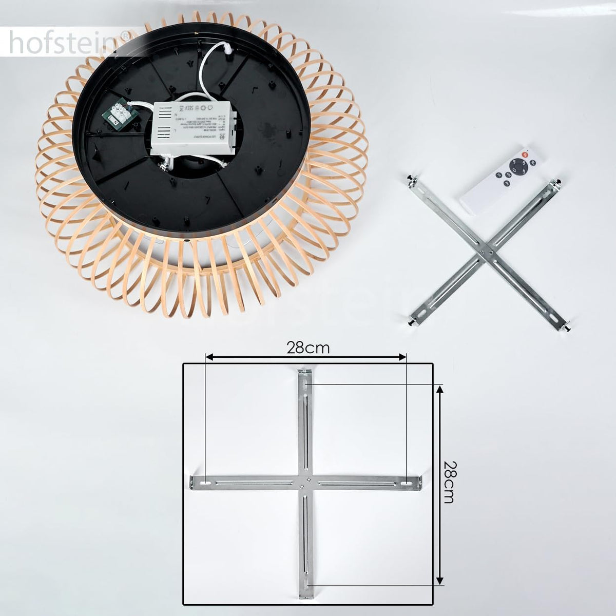 HOFSTEIN Deckenventilator Oravi, Ventilator aus Metall/Bambus in Schwarz/Natur mit Fernbedienung, Auf-/Abwind-Funktion u. Lichteffekt an der Decke, Deckenleuchte 4-flammig Ø 50 cm, 4 x E27, mit Timer