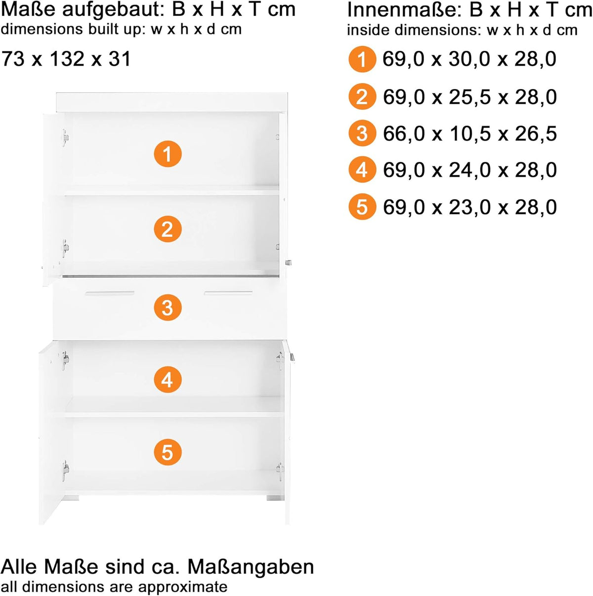 trendteam smart living - Amanda - Hochschrank - Weiß Hochglanz - Badezimmerschrank breit mit 4 höhenverstellbaren Einlegeböden - (BxHxT) 73 x 130 x 31 cm - 4 Fächer und eine große Schublade