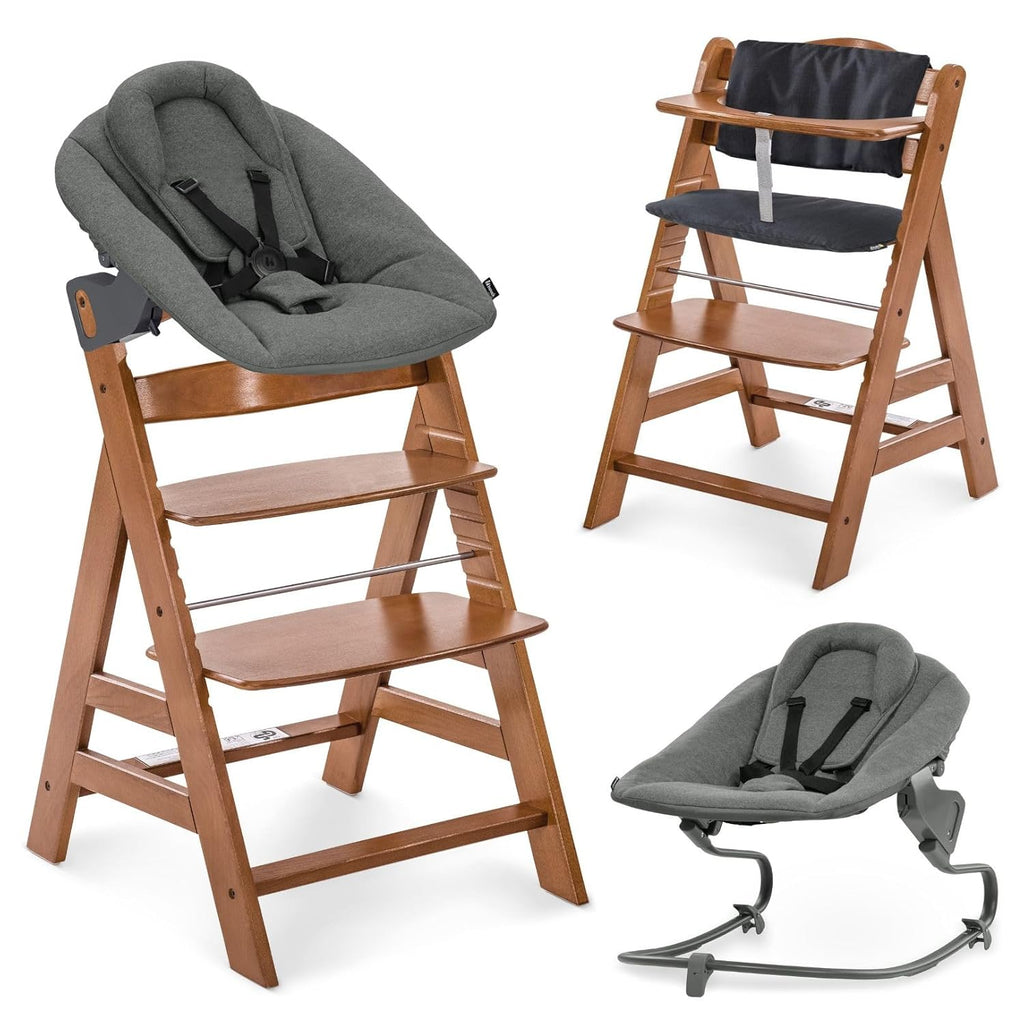 hauck Alpha+ Newborn Set mit Premium Bouncer Dark Grey - Baby Holz Hochstuhl ab Geburt mit Liegefunktion - extra flacher Aufsatz für Neugeborene & Sitzpolster - Walnuss