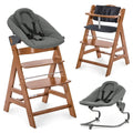 hauck Alpha+ Newborn Set mit Premium Bouncer Dark Grey - Baby Holz Hochstuhl ab Geburt mit Liegefunktion - extra flacher Aufsatz für Neugeborene & Sitzpolster - Walnuss