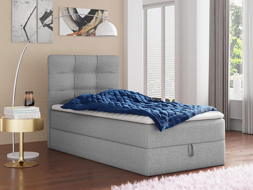 Sofnet Boxspringbett Best Mini mit Bettkasten und Matratzentopper - Einzelbett mit Bonell-Matratze und Topper, Polsterbett, Bett, Schlafzimmer (100 x 200 cm, Grau (Inari 91))
