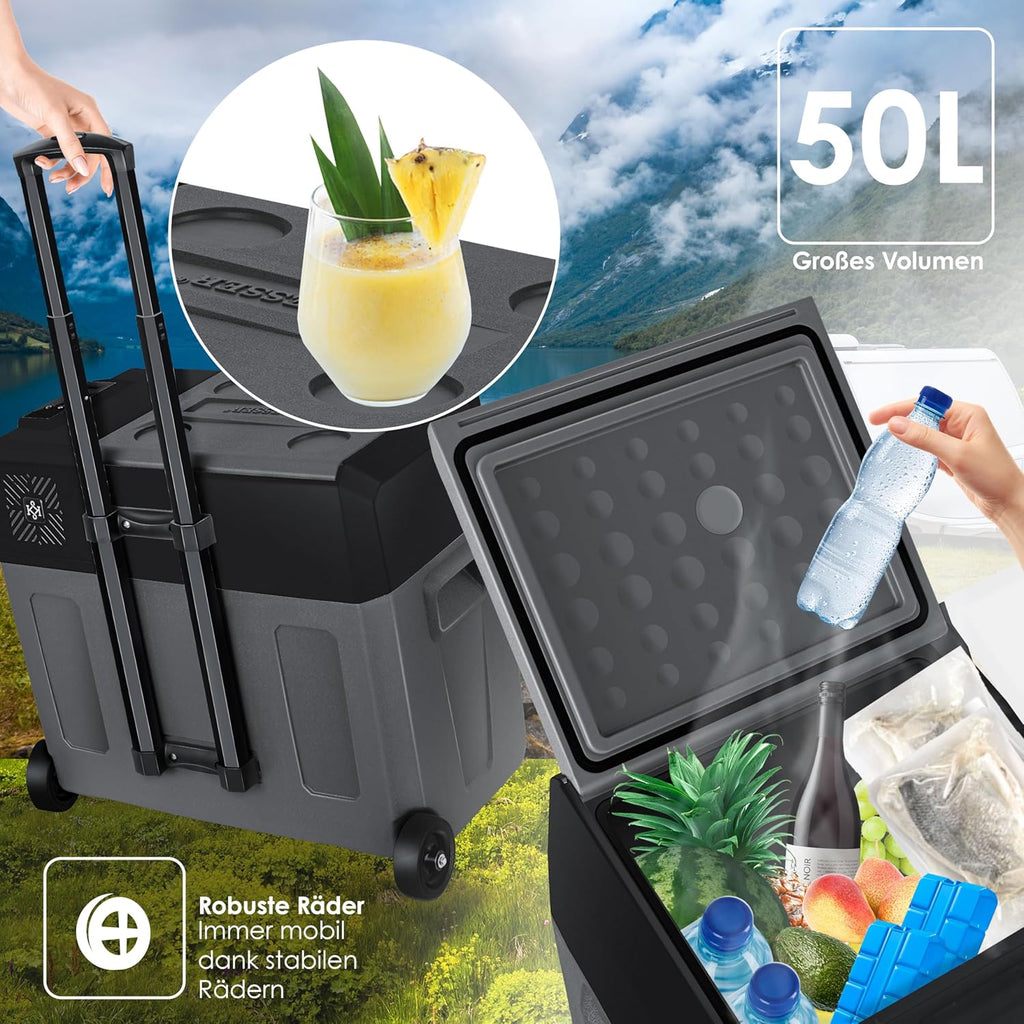 KESSER® Kompressor Kühlbox auto elektrisch 50L, Camping Kühlbox 12/24/230V mit APP-Steuerung, Gefrierbox bis –20 °C, Kühlbox mit Rädern & Teleskopgriff für Camping, Wohnmobil, LKW & Boot + 2 Kühlakkus