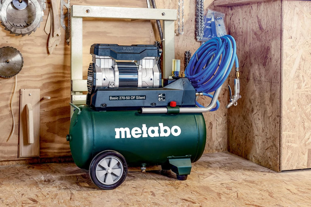metabo Kompressor Basic 270-50 OF Silent - 50L Kessel, 10 bar Druck, 130 l/min Füllleistung - Ölfrei, leise, mobiler Werkstatt-Kompressor für Heimwerker  und  Profis - Inkl. Schnellkupplung und Zuggriff