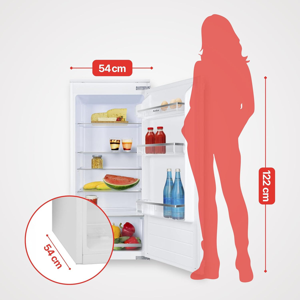 Amica Einbau‑Vollraum‑Kühlschrank Schlepptür‑Technik 1220 mm Nische elektronische Steuerung Inverter‑Motor LED‑Beleuchtung 54 x 122,1 x 54 cm – Einbaukuehlschrank